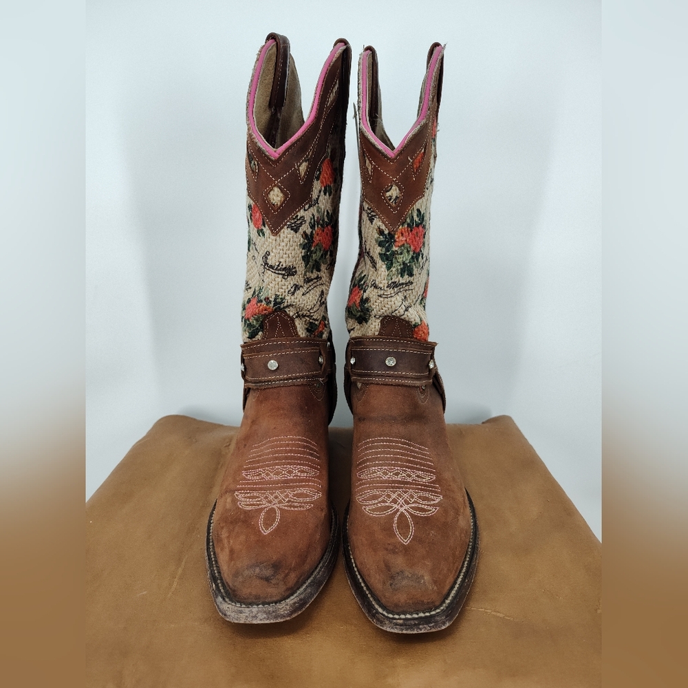 Rouswest Tan Leather And Fabric With Roses Snip Toe Cowboy Boots Women's Size 9 - Picture 2 of 7
